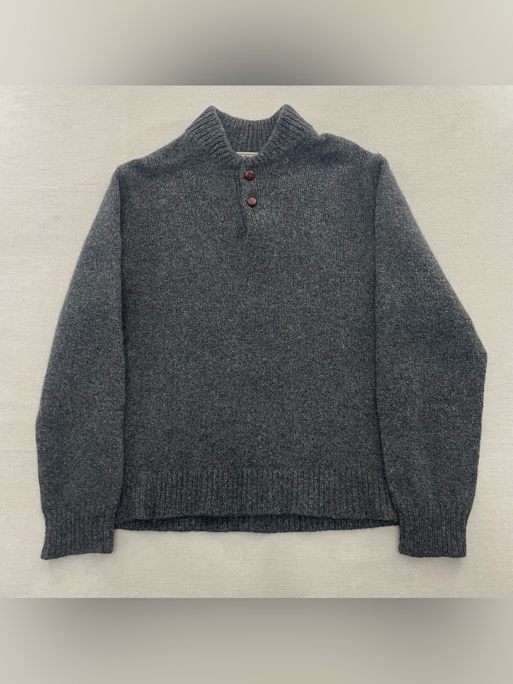 LL Bean Lambs Wool Ragg Henley Knit Sweater Men's Large ~ Fisherman Knit
